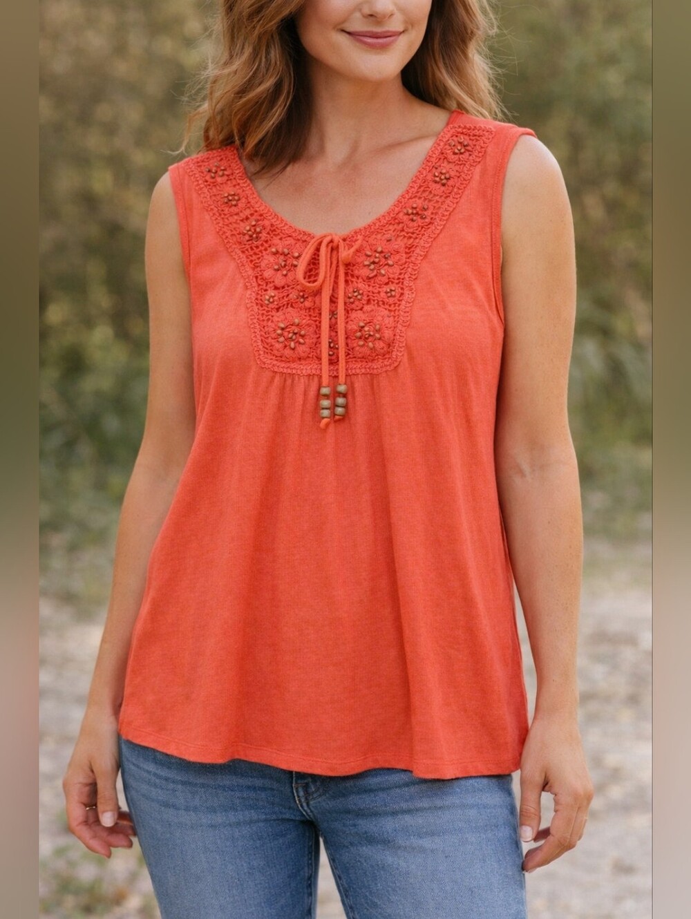 French Laundry Women's Crochet Beaded Flowy Blouse Coral Pink Medium